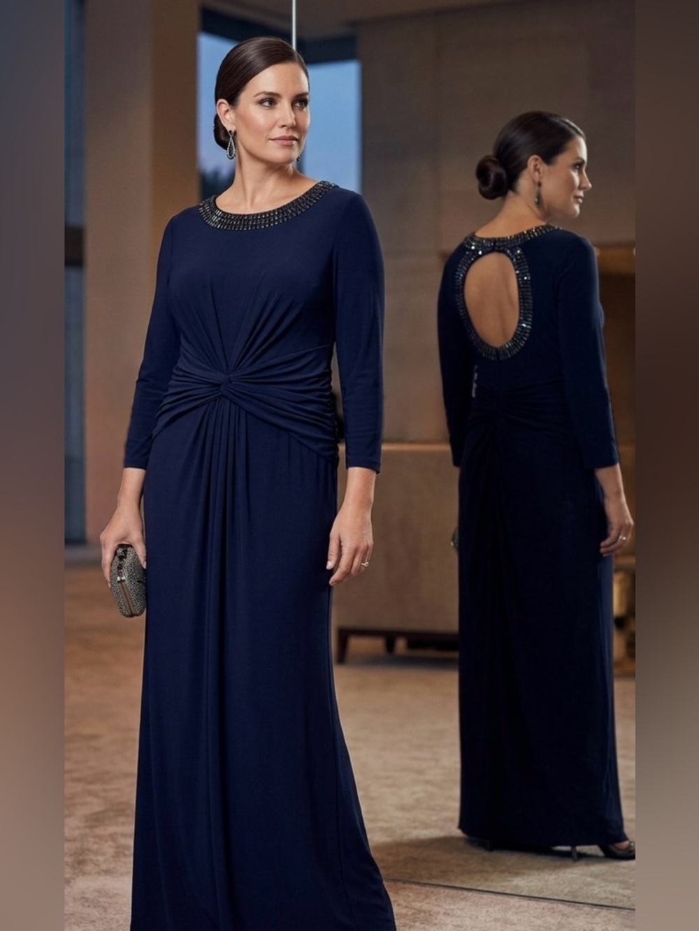 Adrianna Papell Navy Beaded Embellished Neck Gown Twist Waist Keyhole Back 14 - Picture 1 of 16